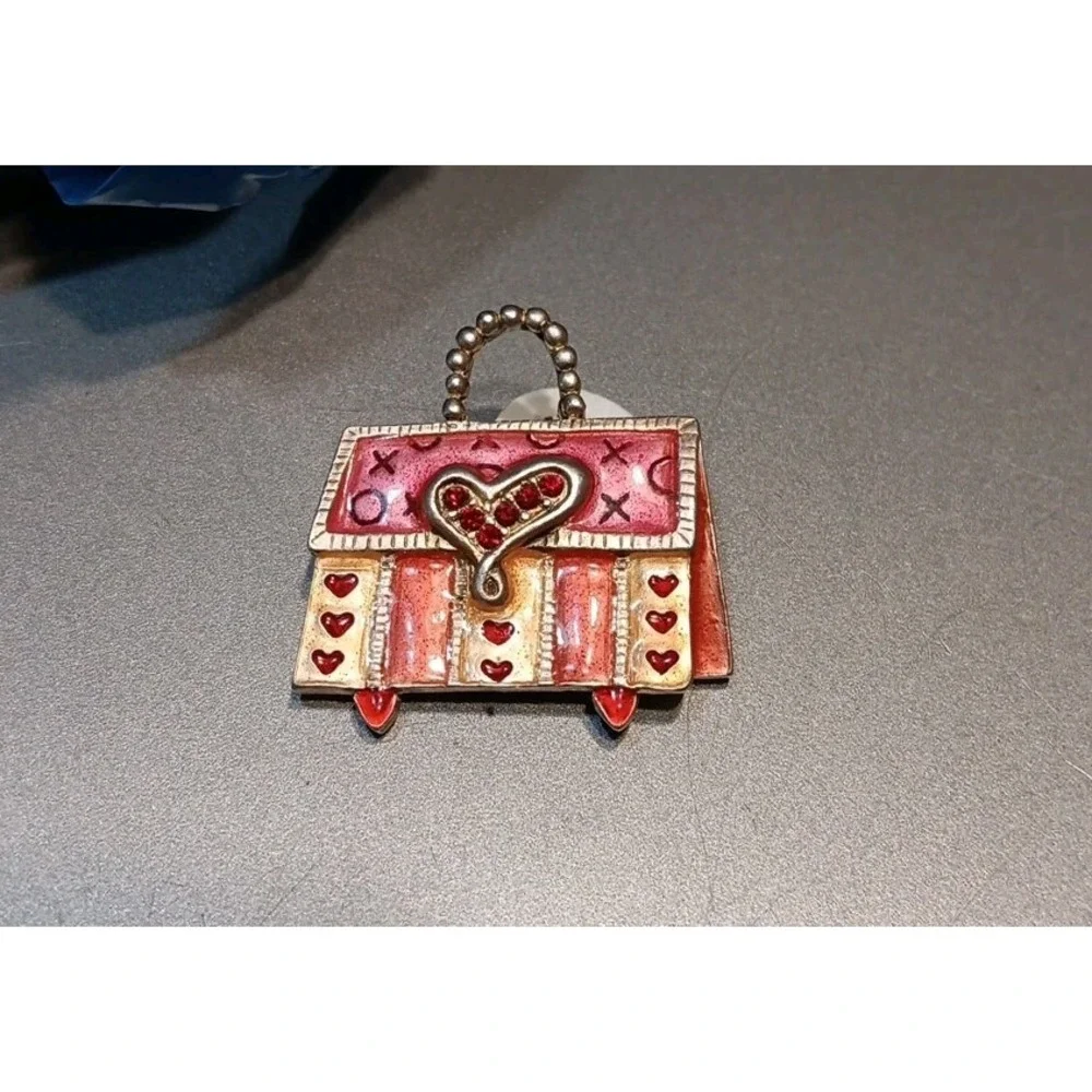 Vintage AJMC Enamel Purse Pin Brooch Pink And Red Hearts X-O's‎ Signed